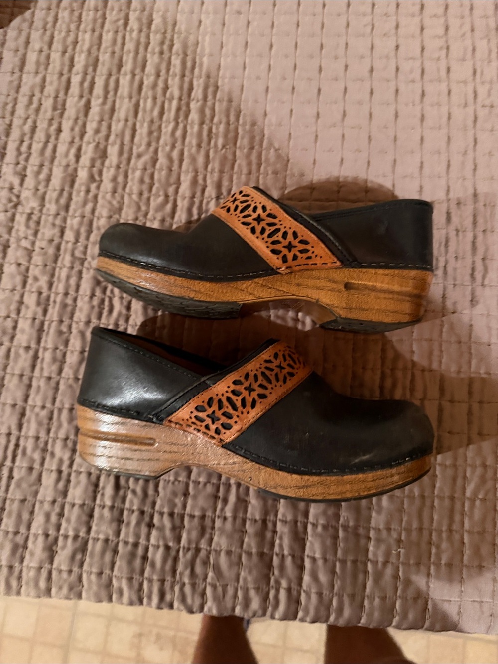 Black Leather Clogs with Brown Perforated Strap